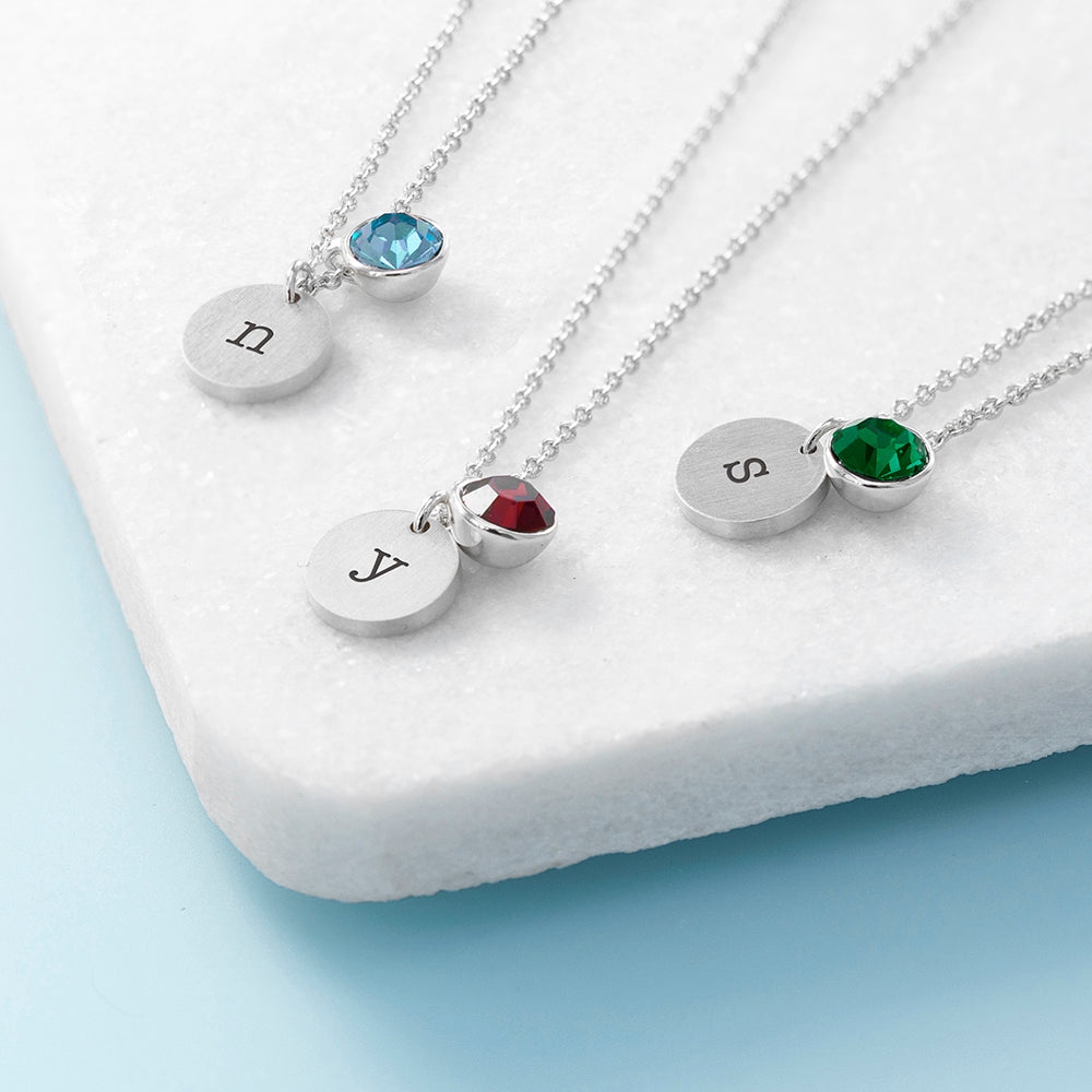 Personalised Monogram Silver Birthstone Crystal and Disc