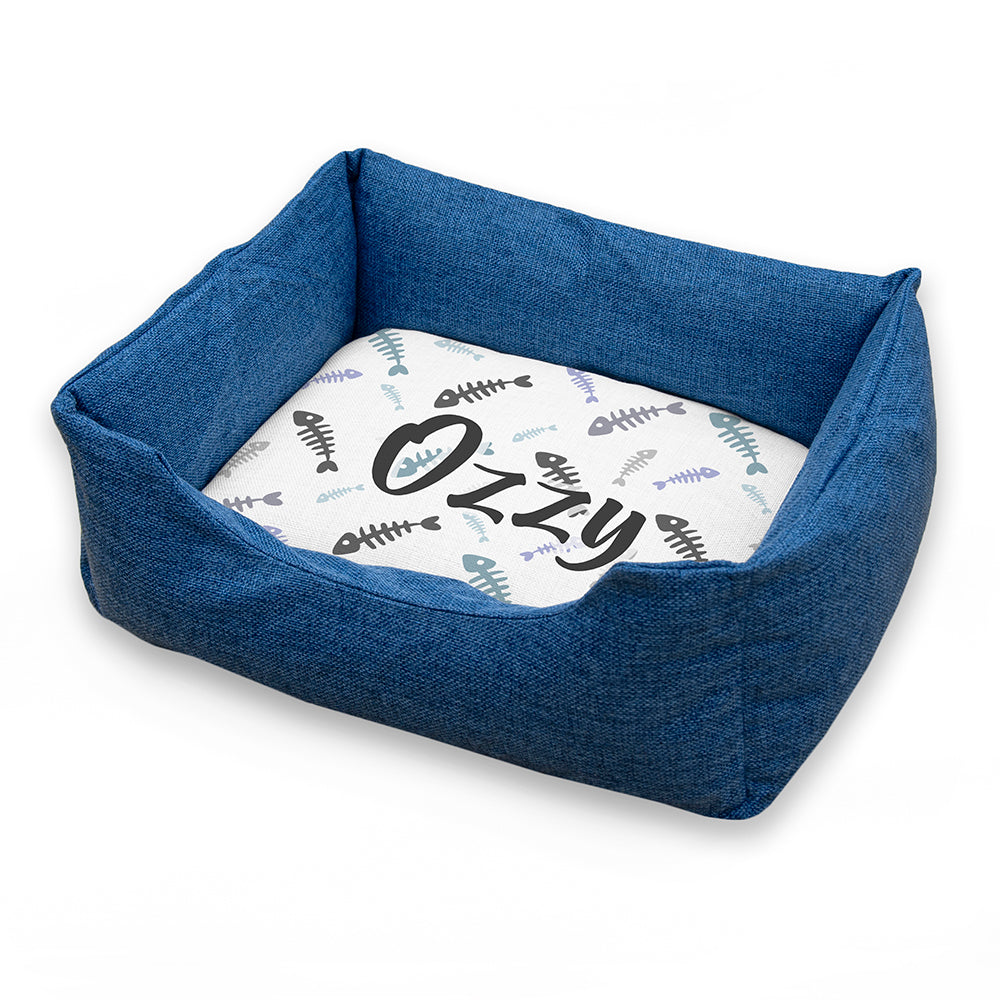 Personalised Blue Comfort Dog Bed with Fish Bone Design
