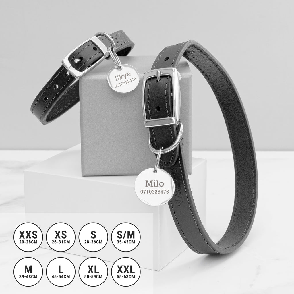 Personalised Classic Black Leather Dog Collar with Tag