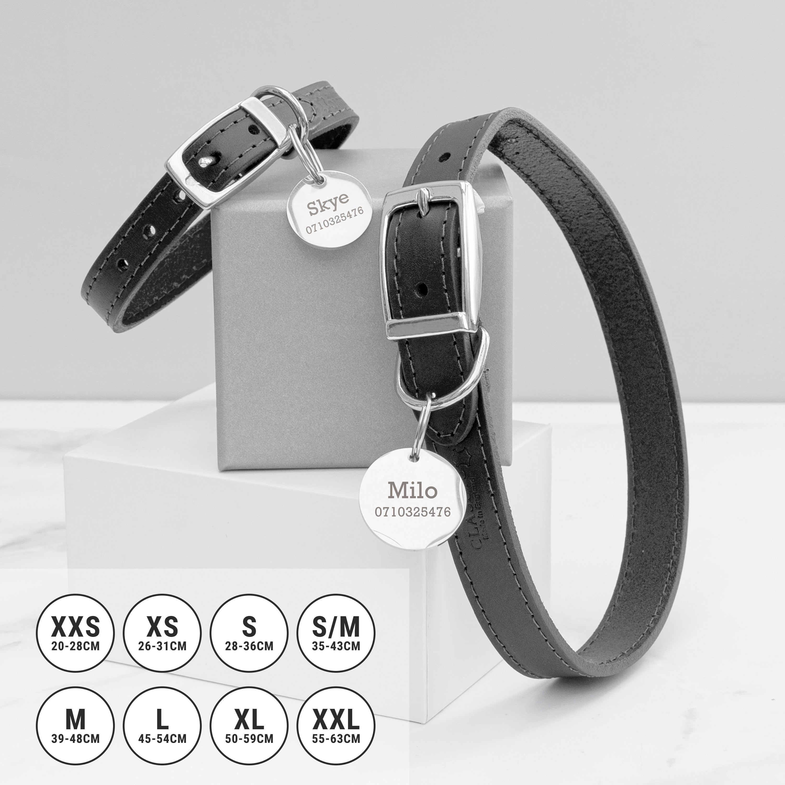 Personalised Classic Black Leather Dog Collar with Tag