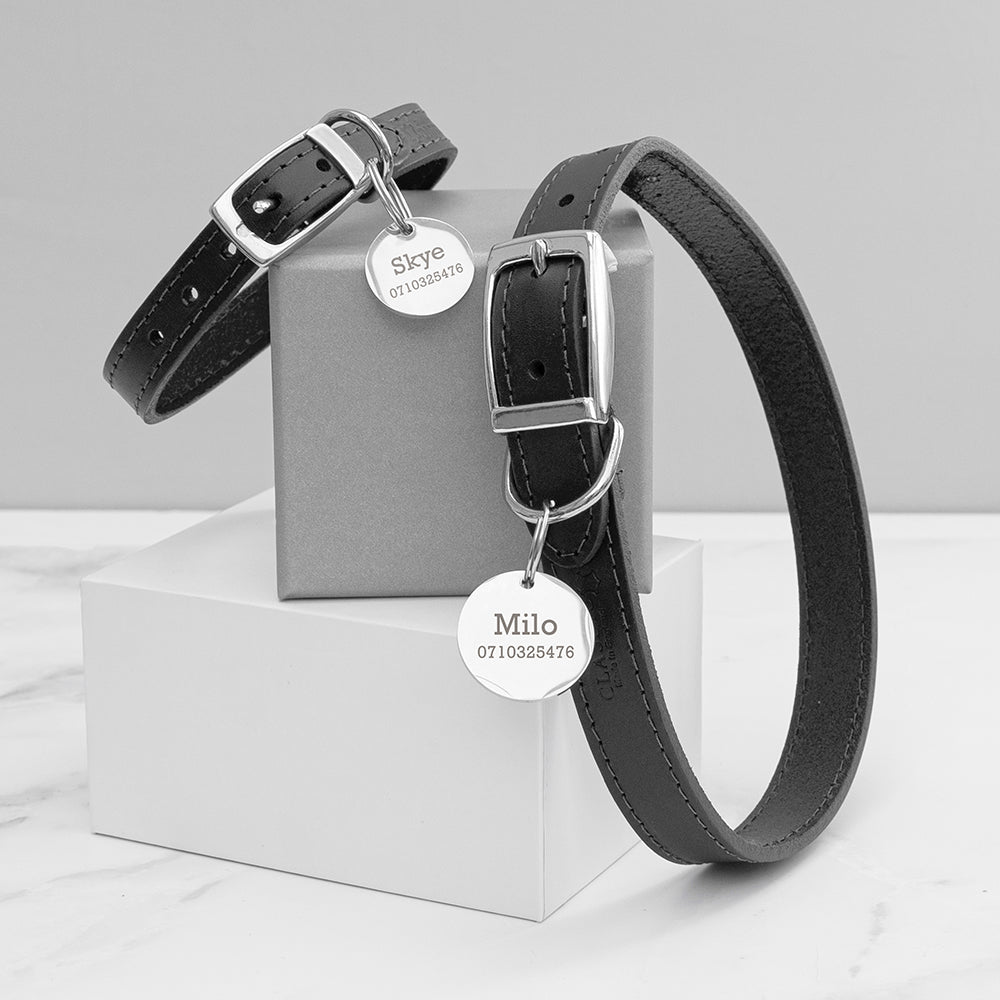 Personalised Classic Black Leather Dog Collar with Tag