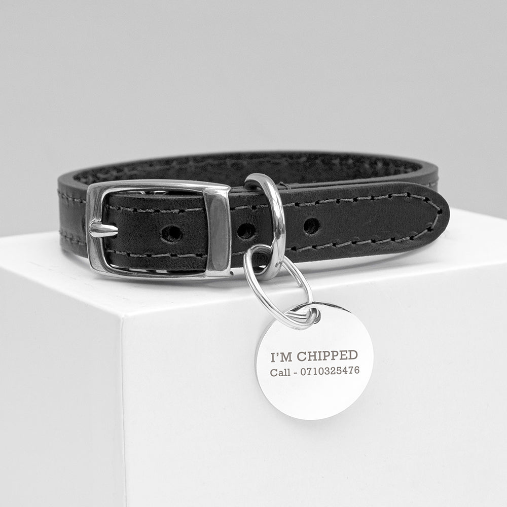 Personalised Classic Black Leather Dog Collar with Tag