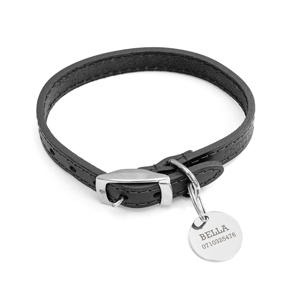 Personalised Classic Black Leather Dog Collar with Tag