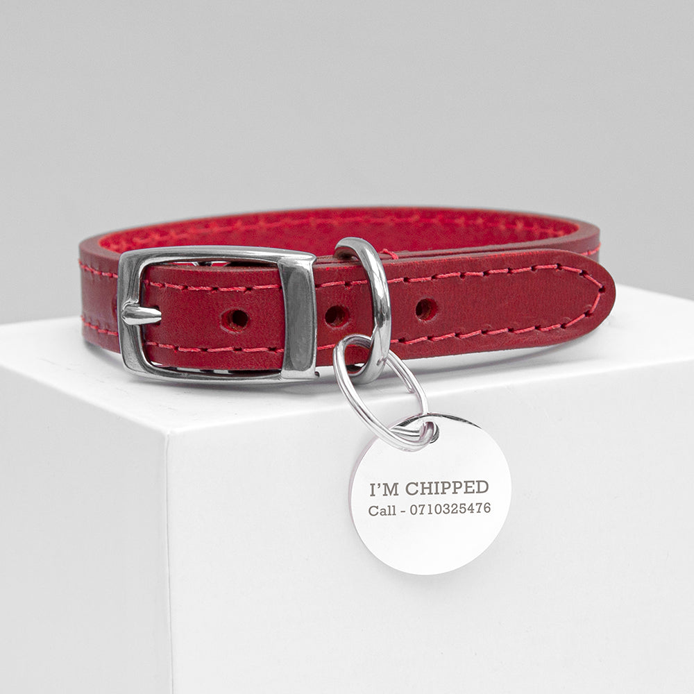 Personalised Classic Red Leather Dog Collar with Tag