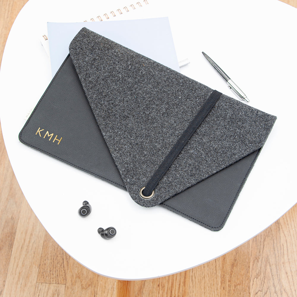 Monogrammed Black Vegan Apple Leather Laptop Sleeve - 13 inch