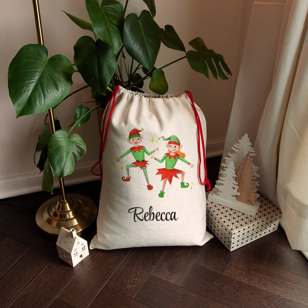 Personalised Playful Elves Christmas Sack