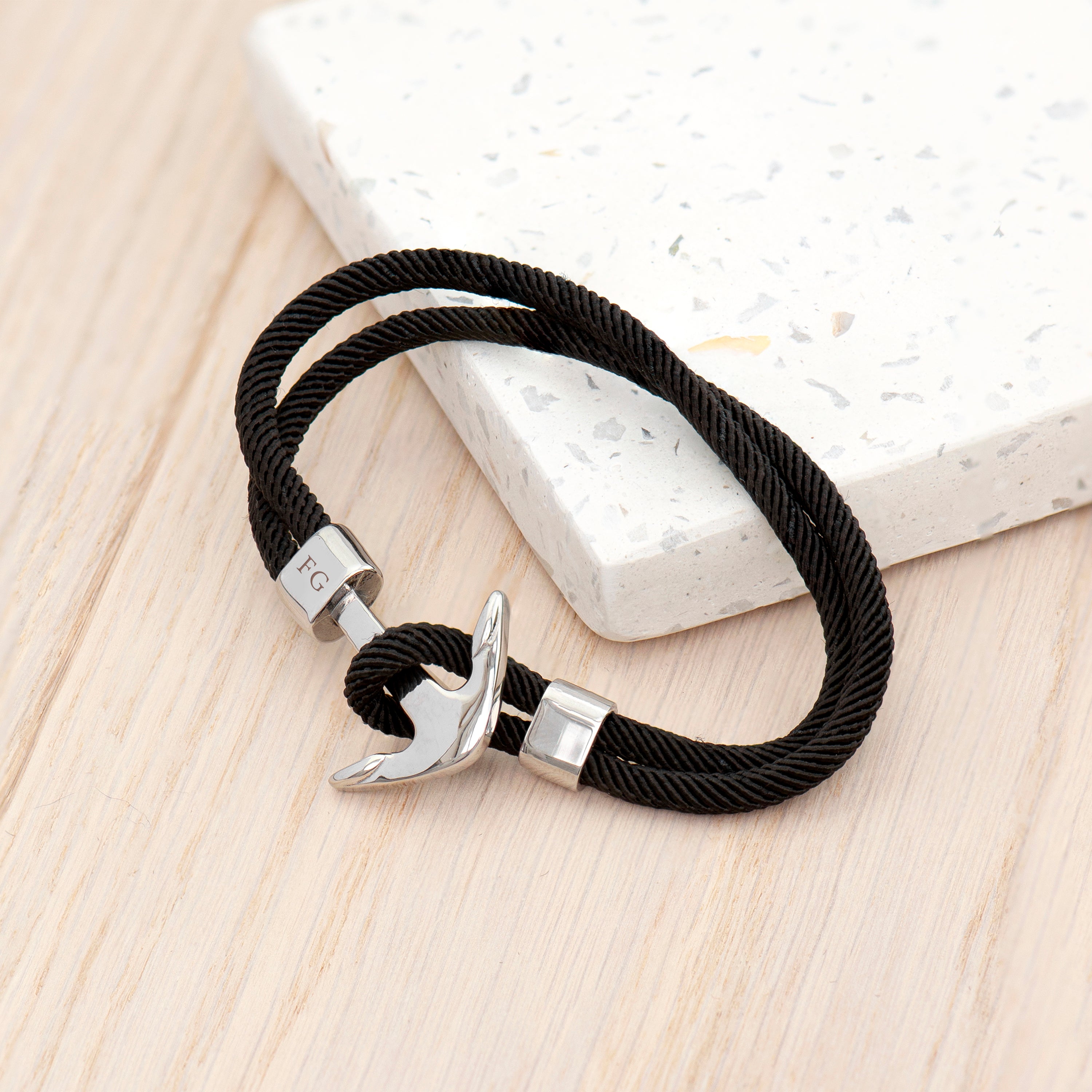 Personalised Mens Black Rope Nautical Anchor Bracelet