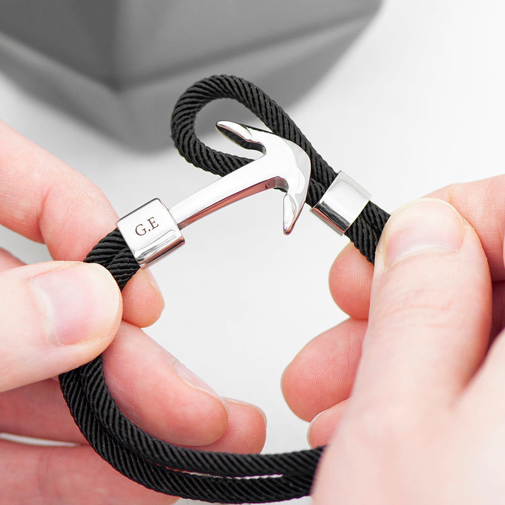 Personalised Mens Black Rope Nautical Anchor Bracelet