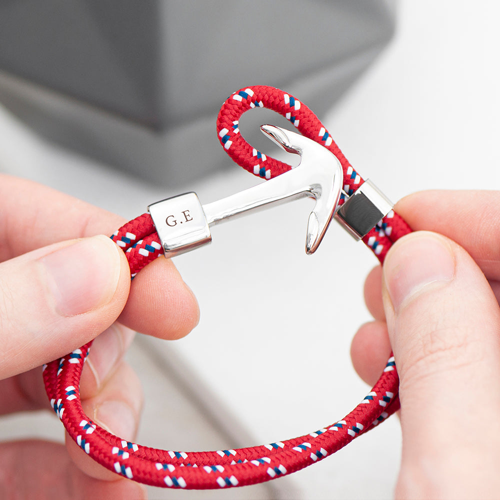 Personalised Mens Red Rope Nautical Anchor Bracelet