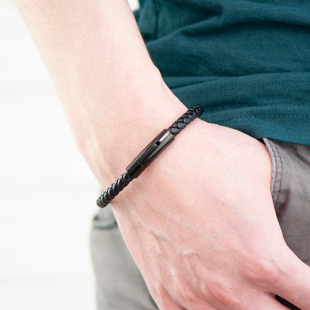 Personalised Mens Woven Black Leather Bracelet