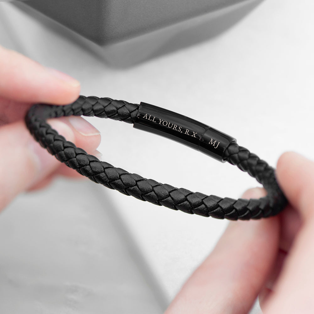 Personalised Mens Woven Black Leather Bracelet