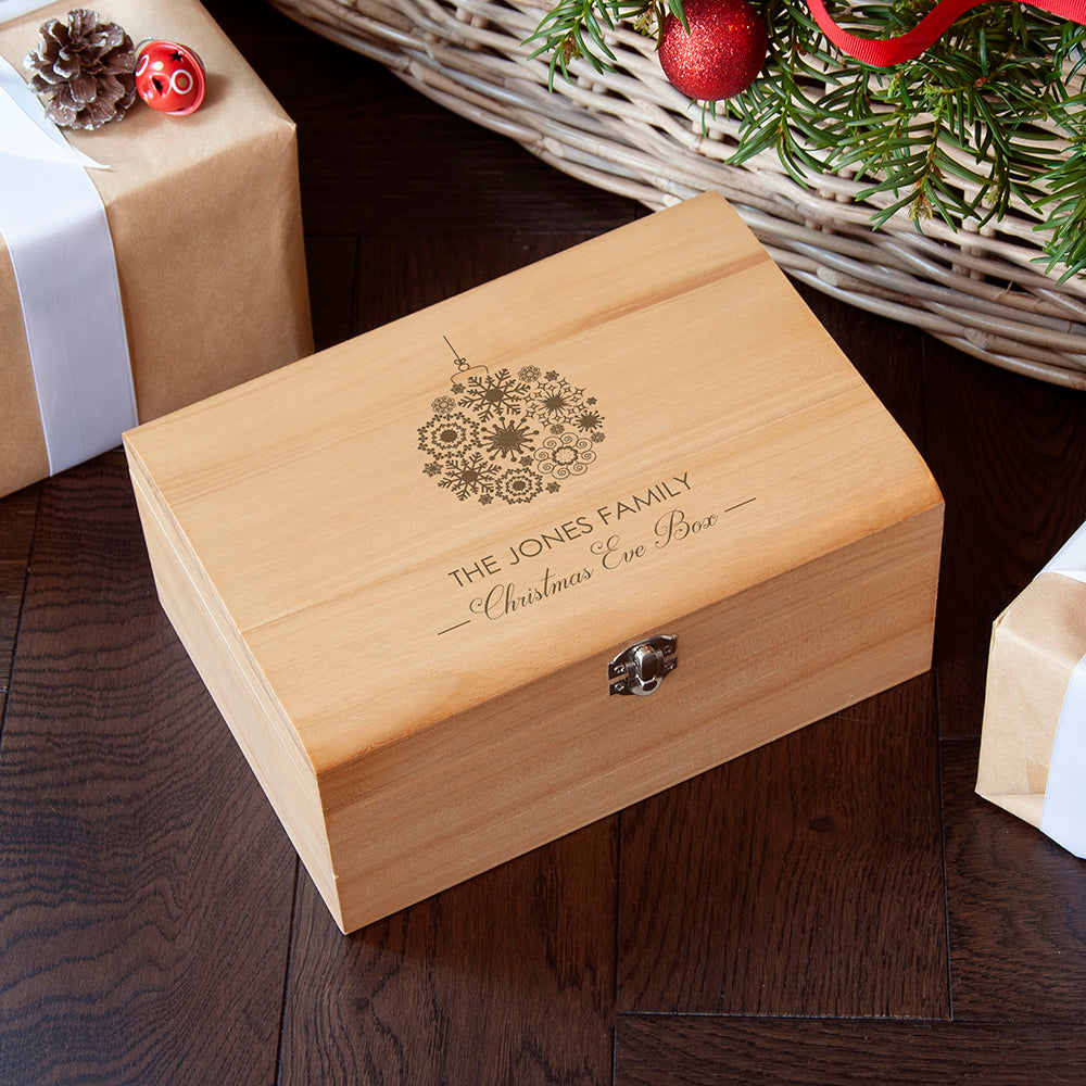 Personalised Family Christmas Eve Chest With Decorative Bauble Design