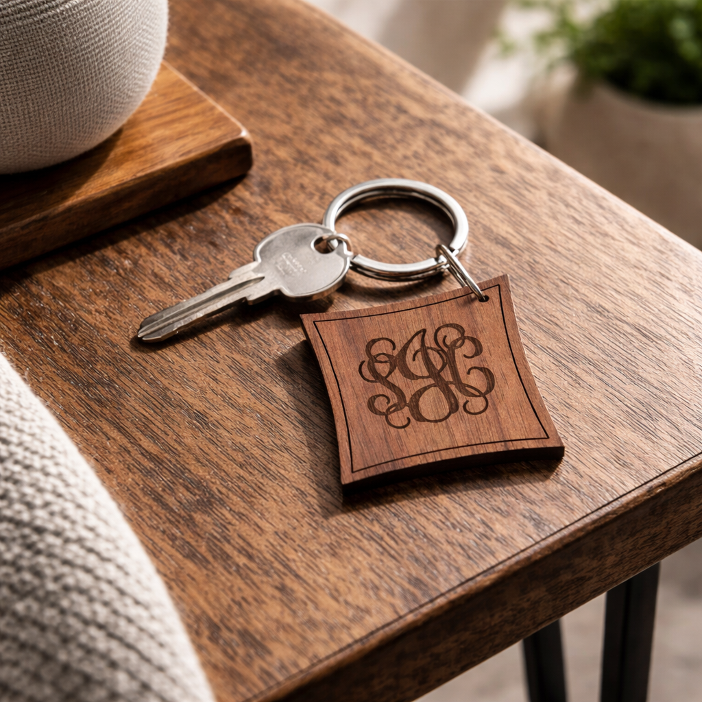 Monogrammed Initials Walnut Wood Keyring