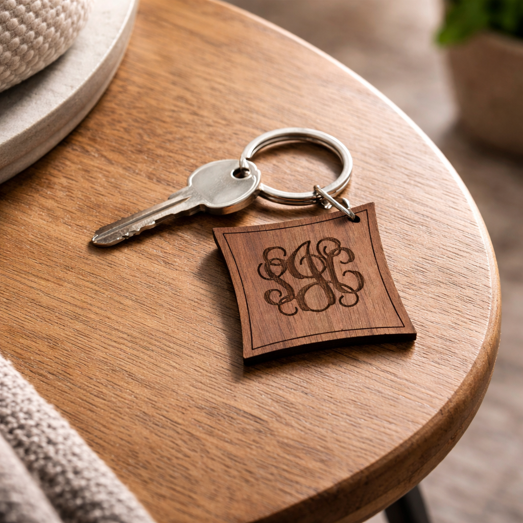 Monogrammed Initials Walnut Wood Keyring
