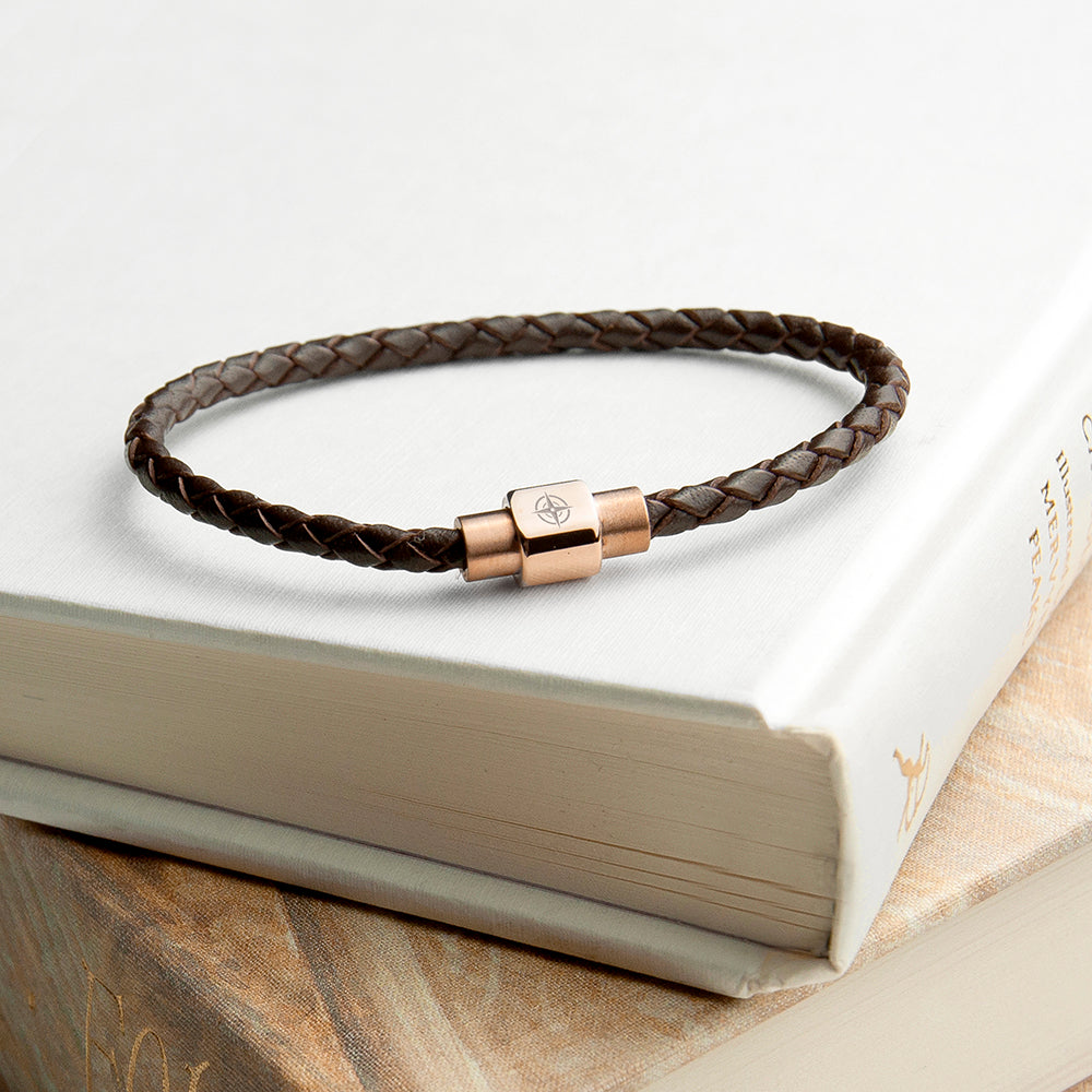 Personalised Men's Travel Compass Woven Leather Bracelet