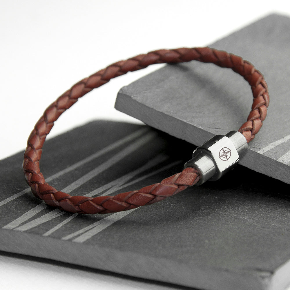 Personalised Men's Travel Compass Woven Leather Bracelet