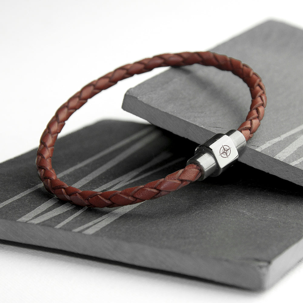 Personalised Men's Travel Compass Woven Leather Bracelet
