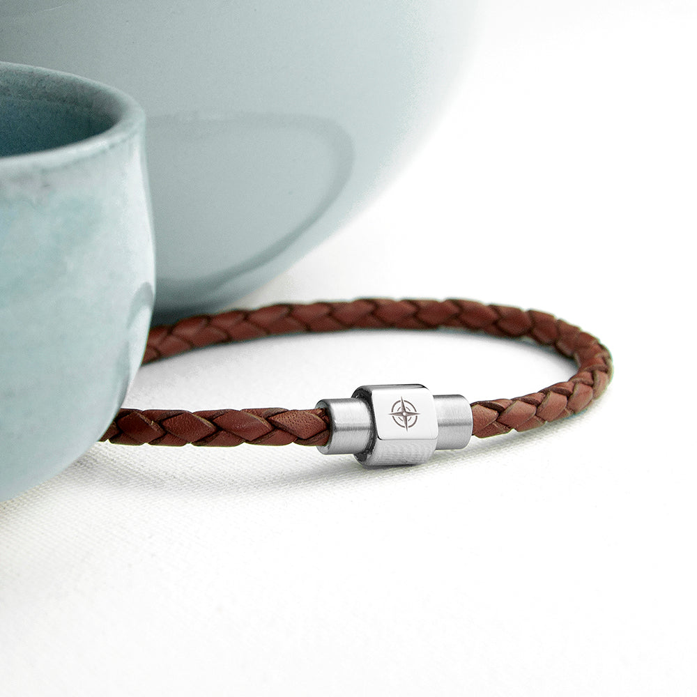 Personalised Men's Travel Compass Woven Leather Bracelet