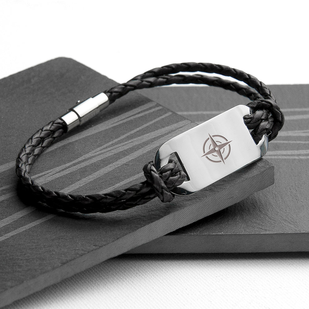 Personalised Men's Travel Compass Statement Leather Bracelet