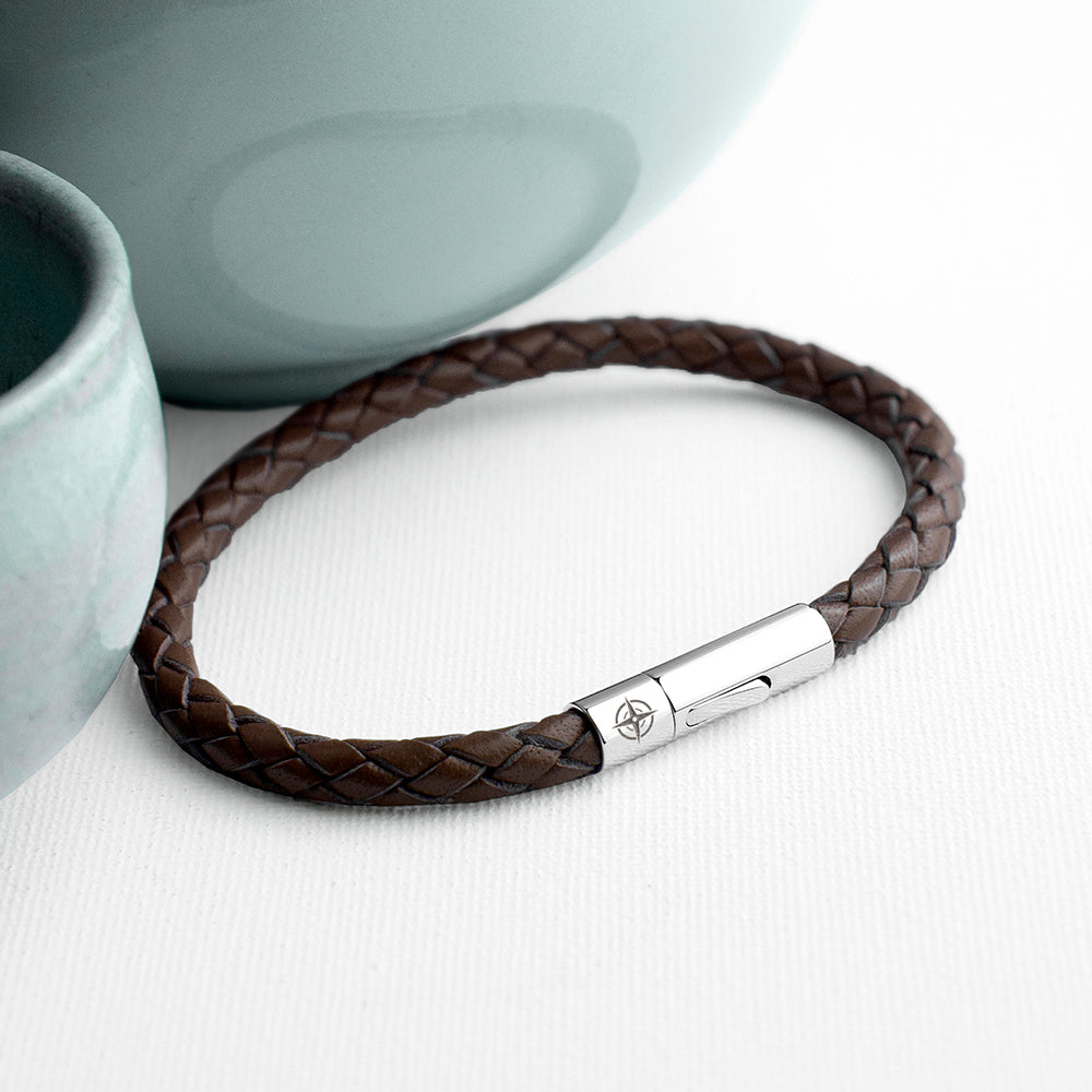 Personalised Men's Travel Compass Capsule Leather Bracelet