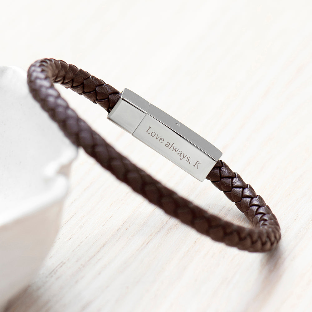 Personalised Men's Leather Travel Compass Bracelet With Tube Clasp
