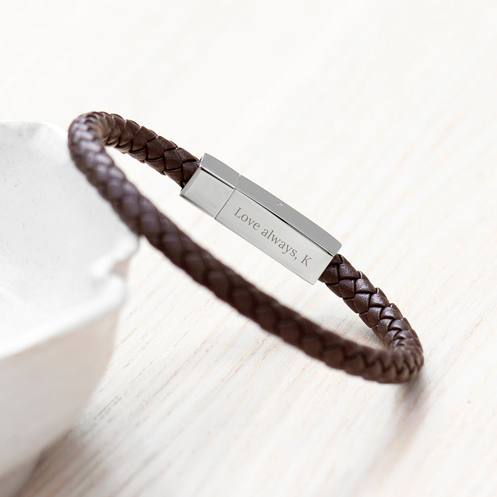 Personalised Men's Leather Travel Compass Bracelet With Tube Clasp