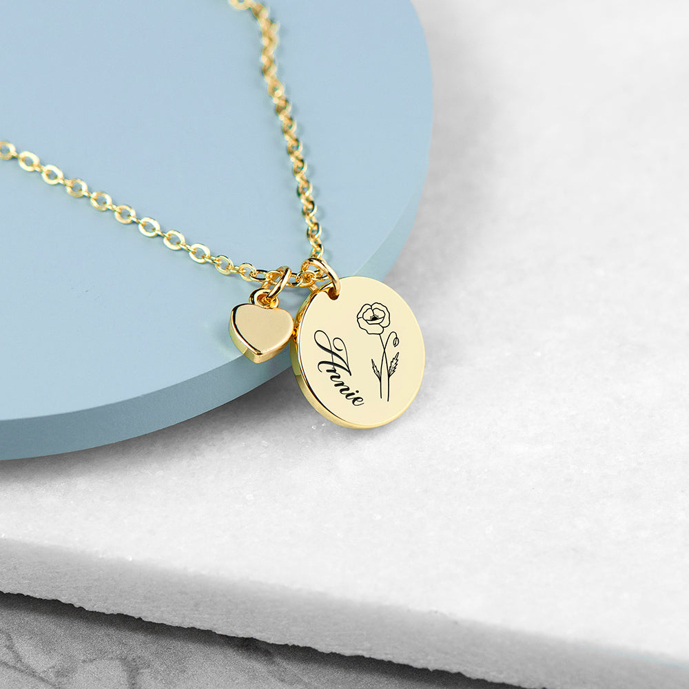 Personalised Birth Flower Heart and Disc Necklace