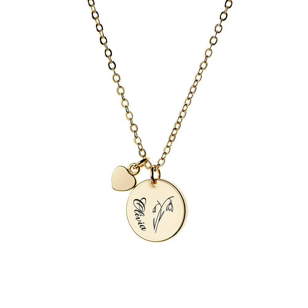 Personalised Birth Flower Heart and Disc Necklace