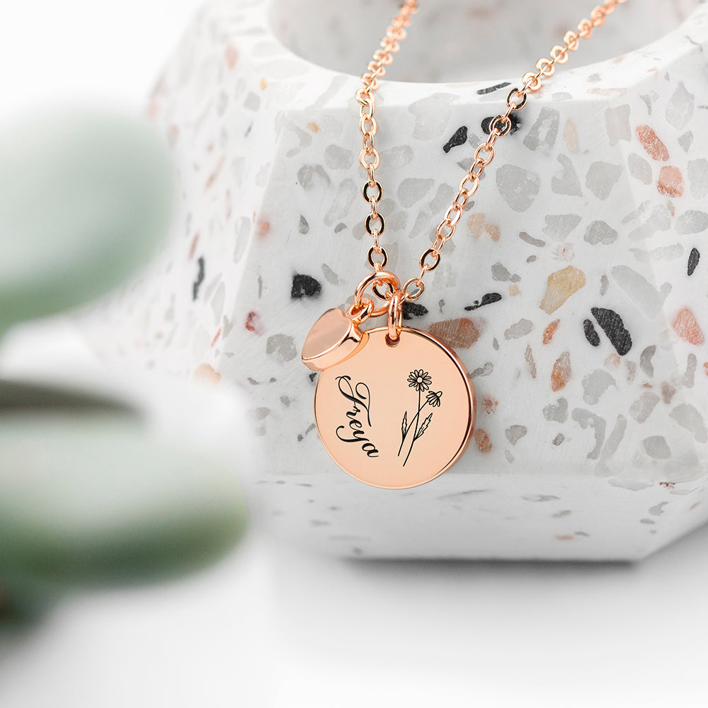 Personalised Birth Flower Heart and Disc Necklace