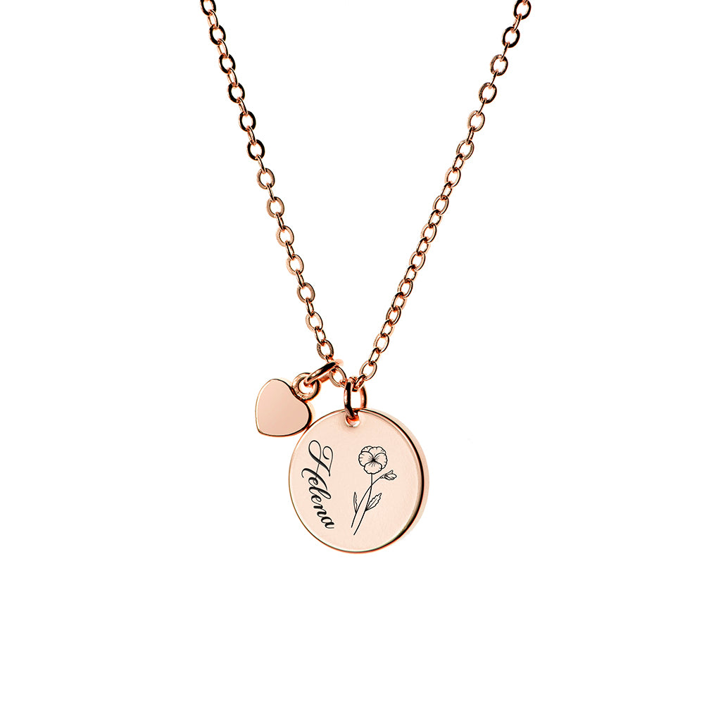 Personalised Birth Flower Heart and Disc Necklace