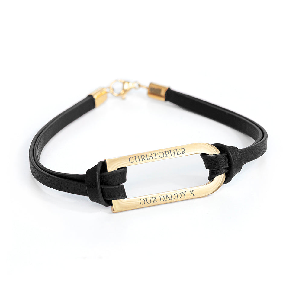 Personalised Men's Shoreditch Gold Bar Black Leather Bracelet