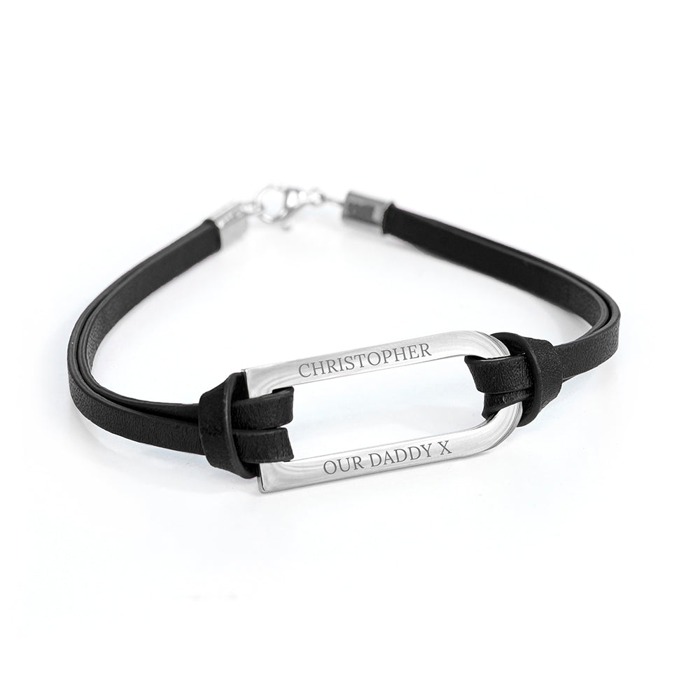 Personalised Men's Shoreditch Silver Bar Black Leather Bracelet