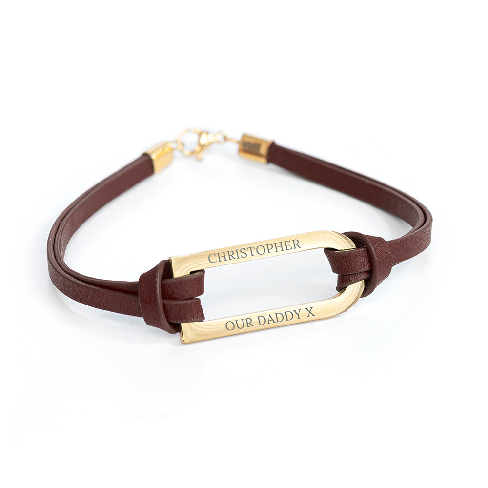 Personalised Men's Shoreditch Gold Bar Brown Leather Bracelet