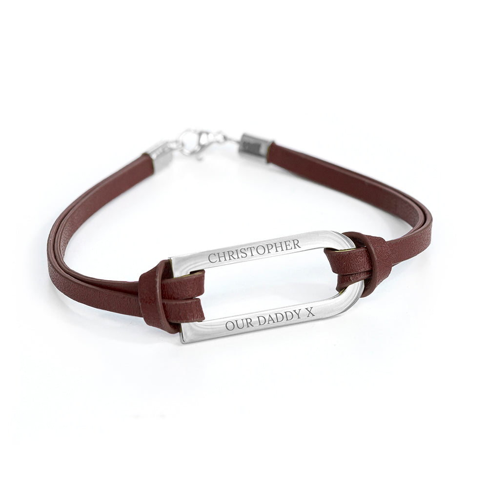 Personalised Men's Shoreditch Silver Bar Brown Leather Bracelet