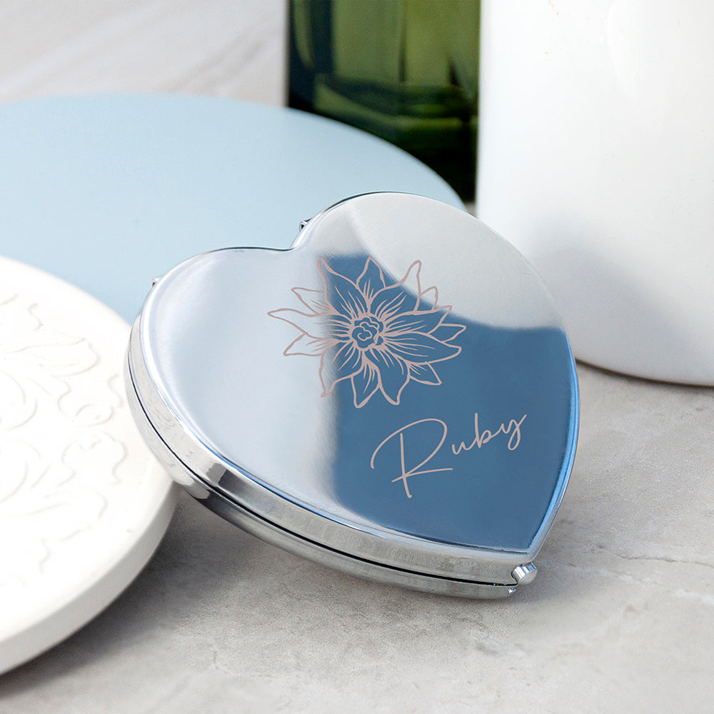 Personalised Silver Heart Birth Flower Compact Mirror