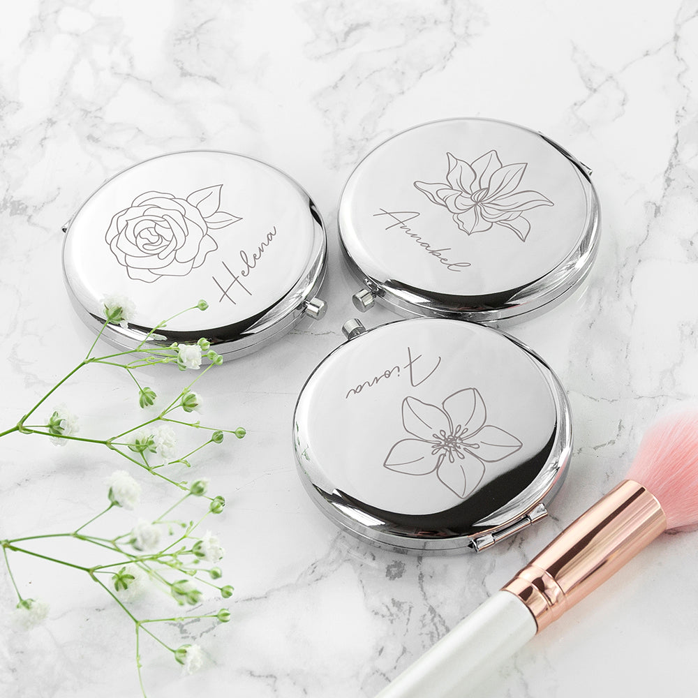 Personalised Silver Round Birth Flower Compact Mirror
