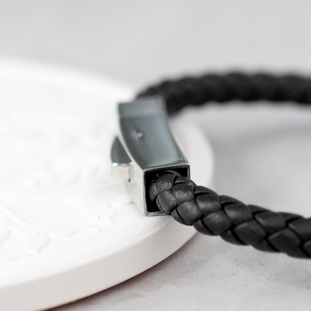 Personalised Men's Black Leather Bracelet with Tube Clasp
