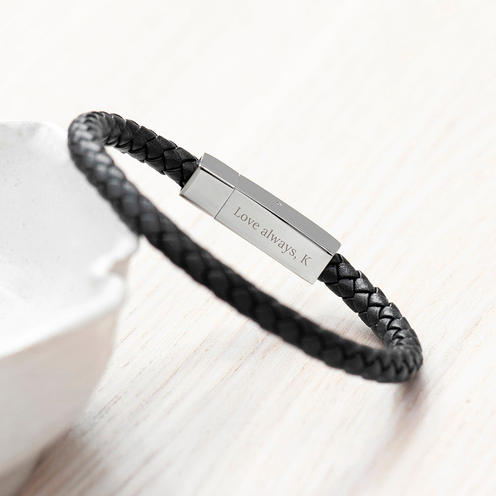 Personalised Men's Leather Travel Compass Bracelet With Tube Clasp