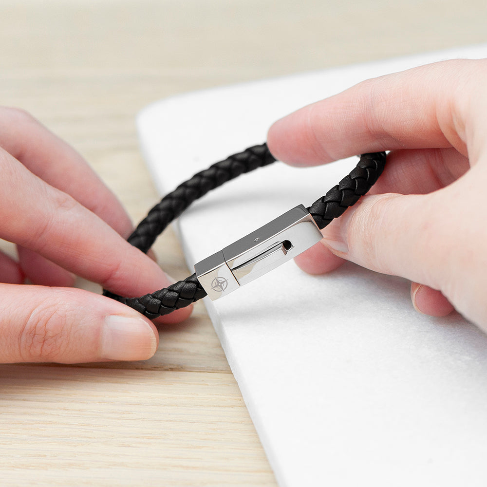 Personalised Men's Leather Travel Compass Bracelet With Tube Clasp