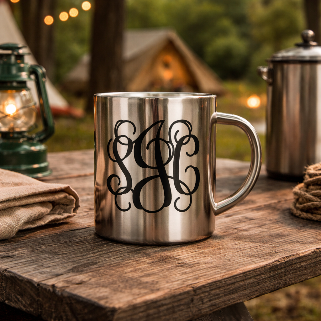 Monogrammed Ornate Silver Tone Outdoor Mug
