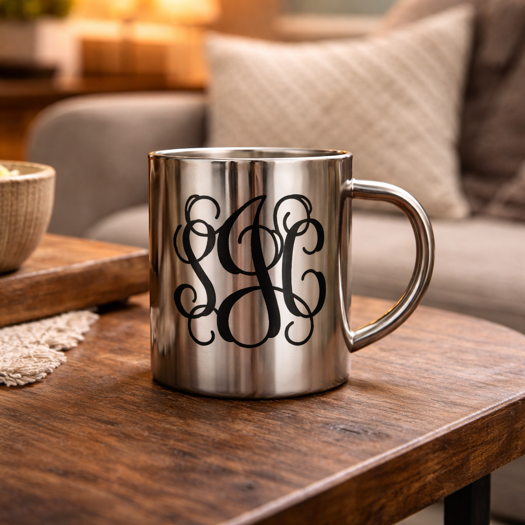 Monogrammed Ornate Silver Tone Outdoor Mug