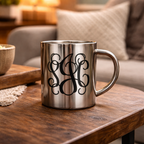 Monogrammed Ornate Silver Tone Outdoor Mug