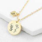 Personalised Birth Flower Brushed Heart and Disc Necklace