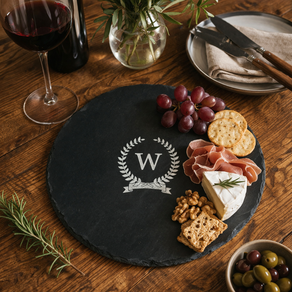 Monogrammed Wreath Round Slate Cheese Board
