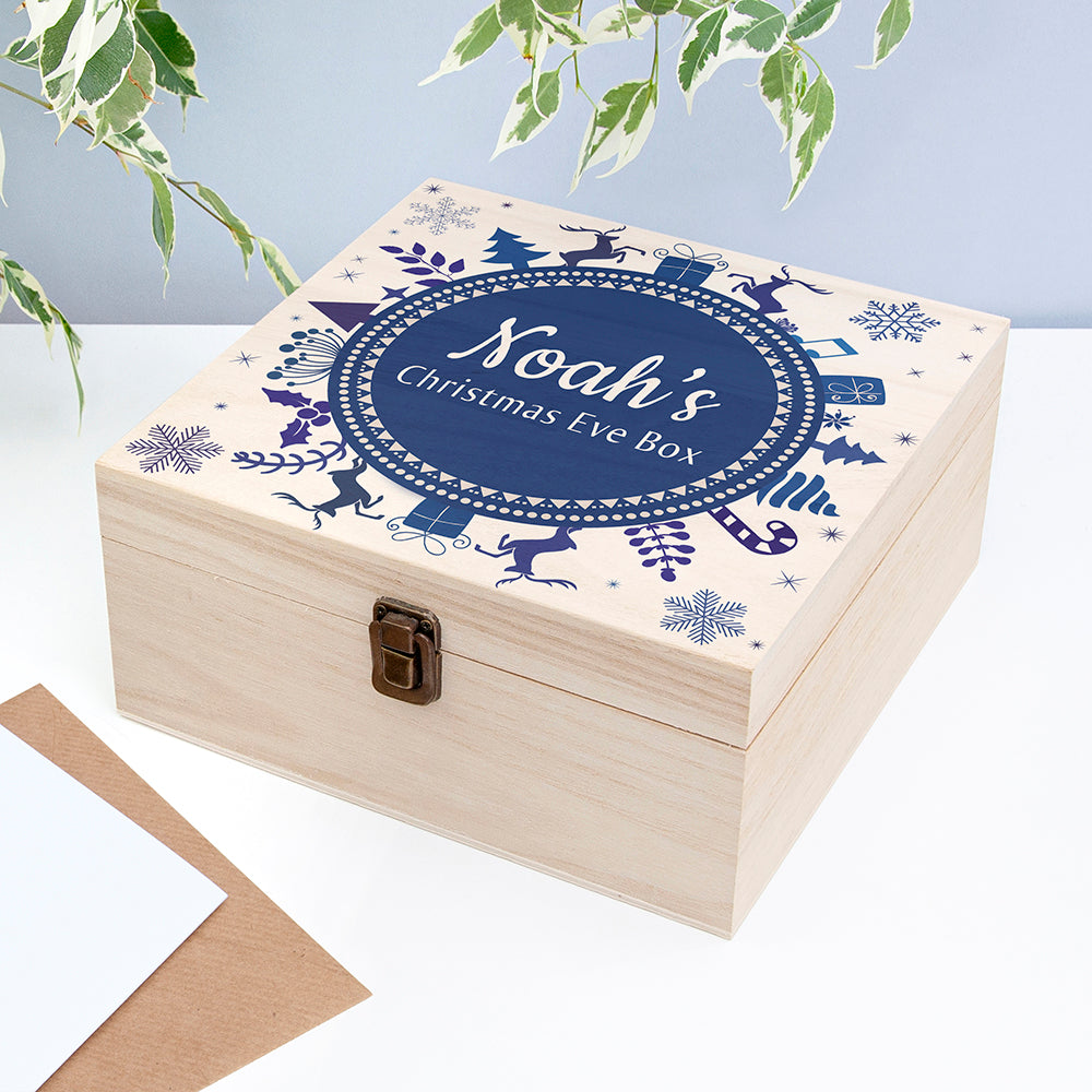 Personalised Square Christmas Eve Box With Snowflake Wreath - Medium
