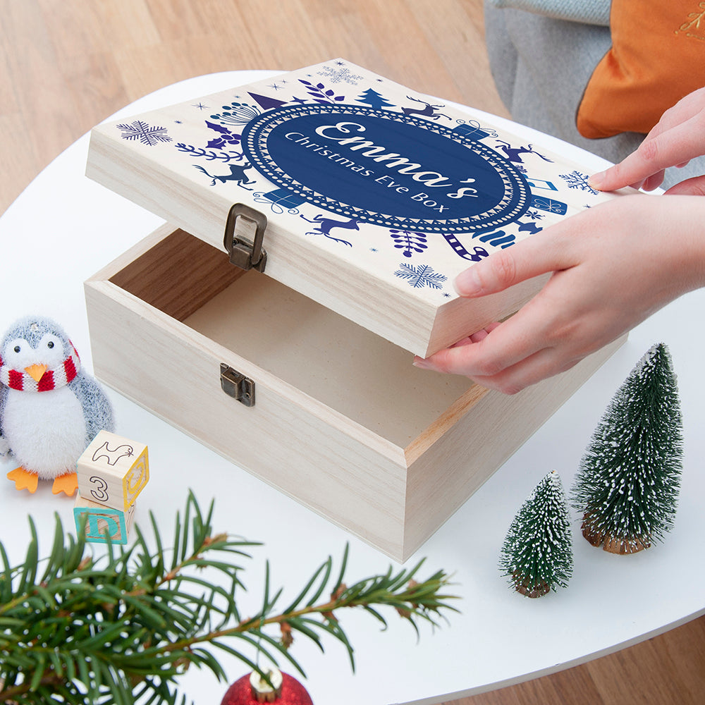 Personalised Square Christmas Eve Box With Snowflake Wreath - Medium