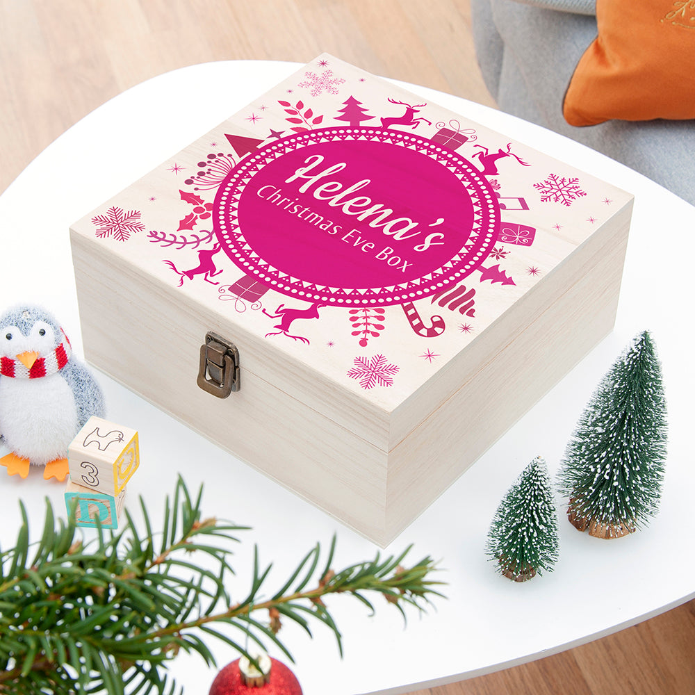 Personalised Square Christmas Eve Box With Snowflake Wreath PINK - Medium
