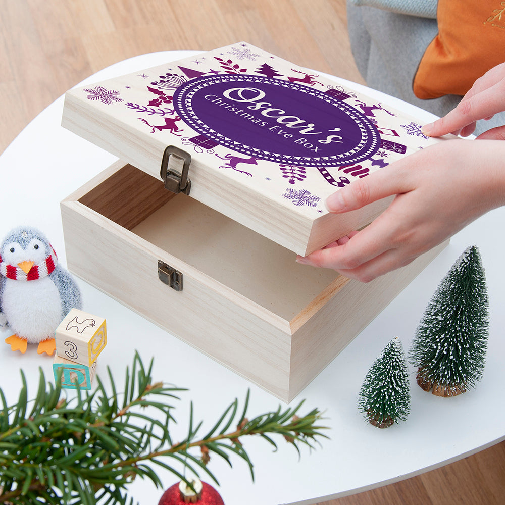 Personalised Square Christmas Eve Box With Snowflake Wreath PURPLE - Medium