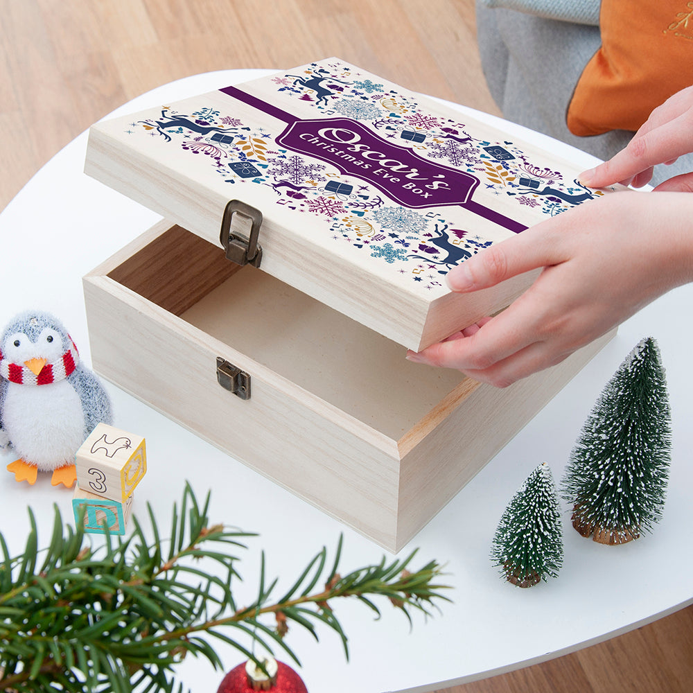 Personalised Square Christmas Eve Box With Snowflake Wreath RED - Medium
