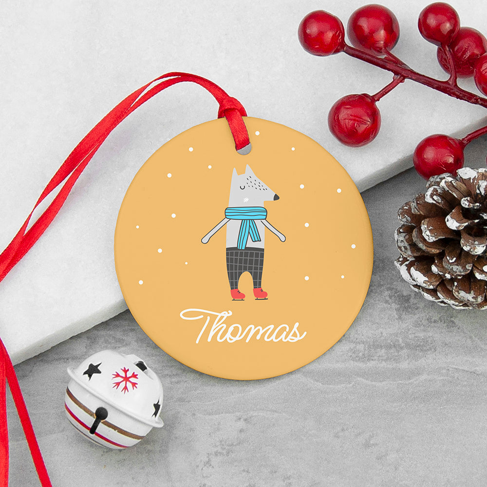 Personalised Winter Wolf Ceramic Decoration